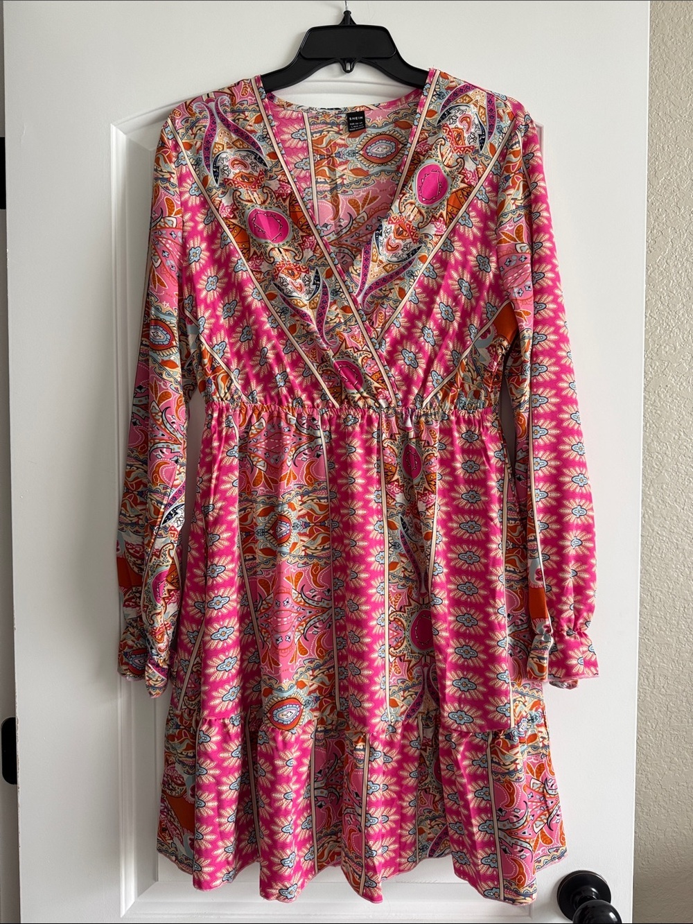 SHEIN Pink & Orange Paisley V-Neck Long Sleeve Dress